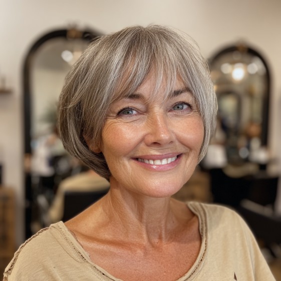 Modern Textured Gray Bob with Soft Bangs