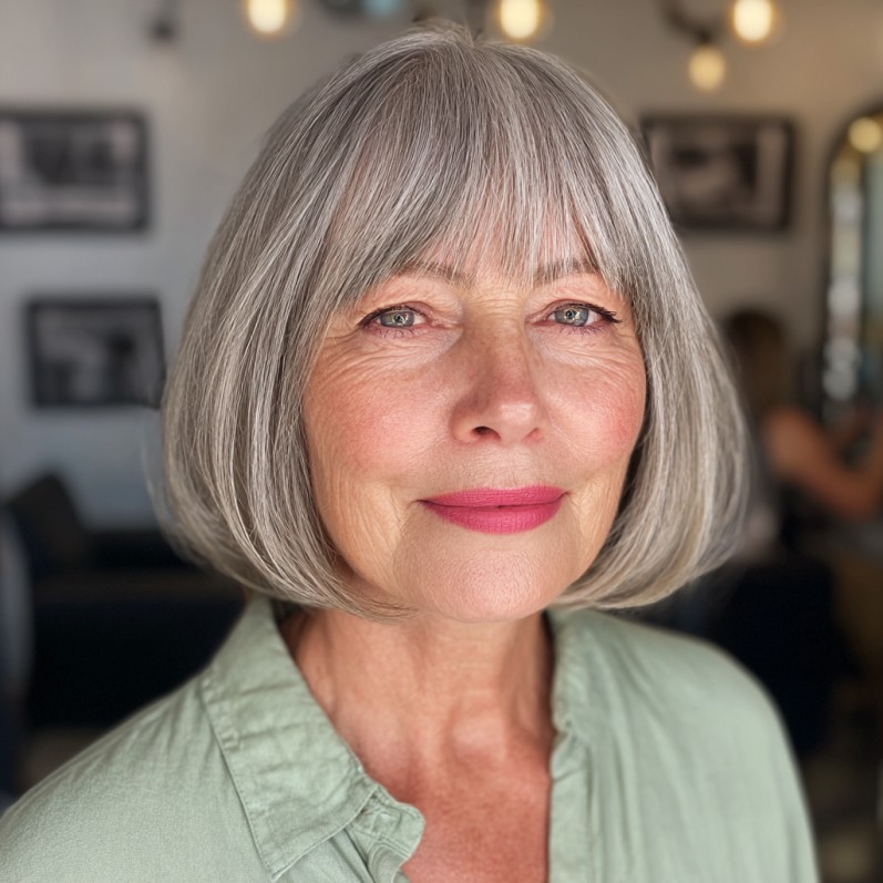 Sleek Modern Gray Lob with Soft Bangs