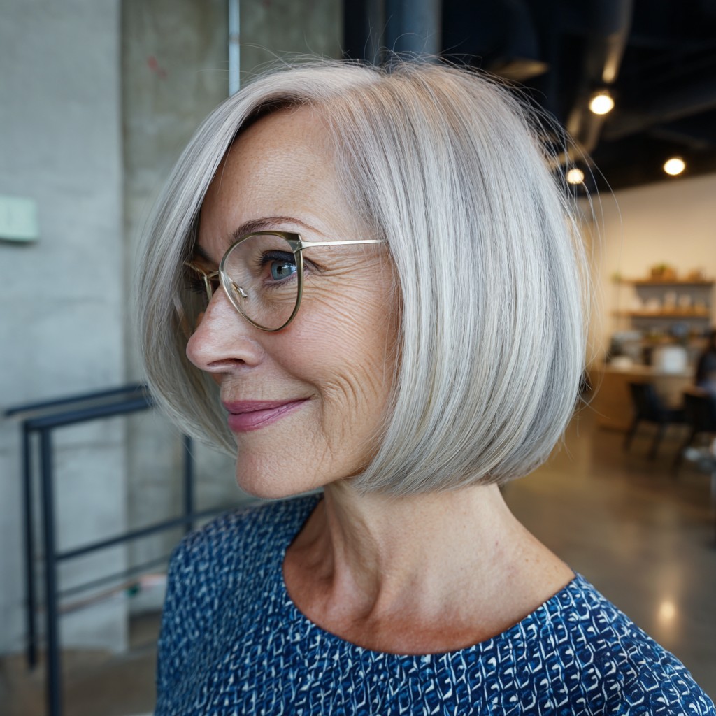 Sleek Silver Bob with Subtle Inward Curve
