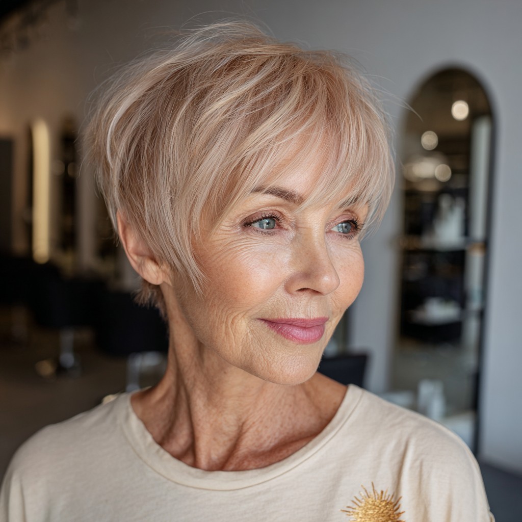 Soft Blush Pixie Cut with Feathered Bangs