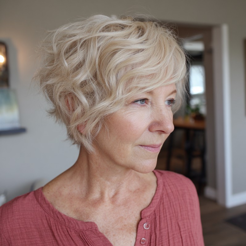 Softly Curled Wispy Pixie Cut with Light Blonde Highlights