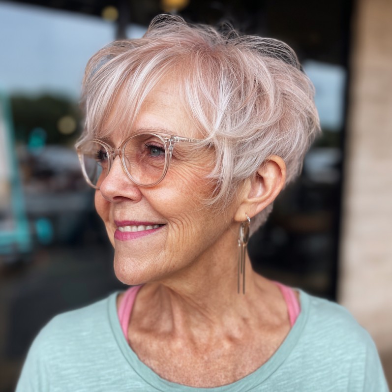 Softly Layered Wispy Pixie with Subtle Rose Tones