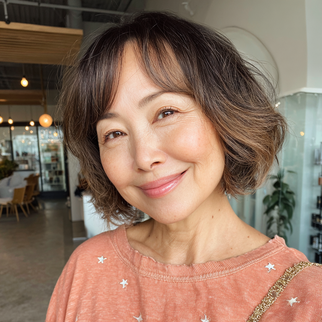 Softly Textured Curly Curtain Bob with Subtle Bangs
