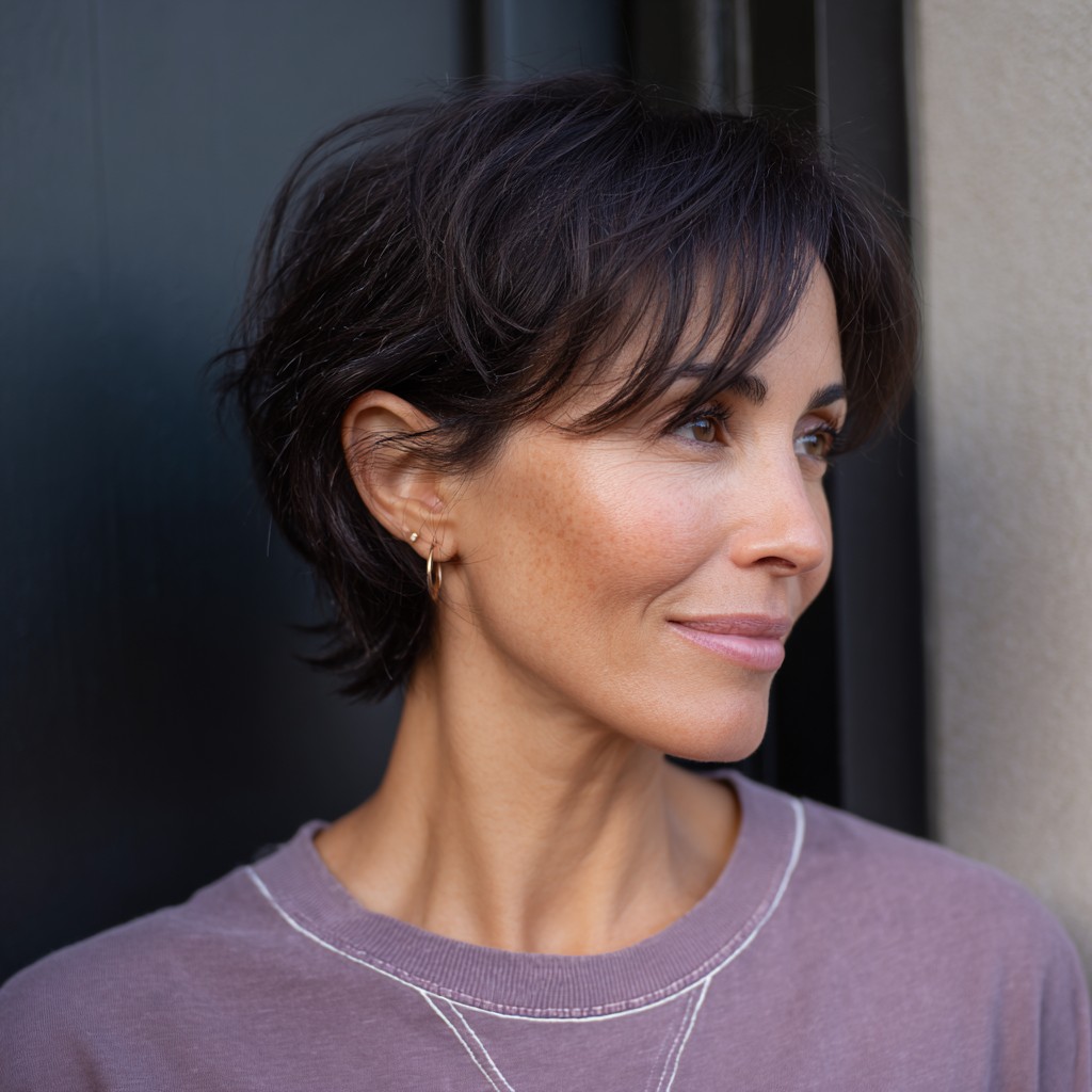 Softly Textured Dark Brown Pixie Cut with Wispy Bangs