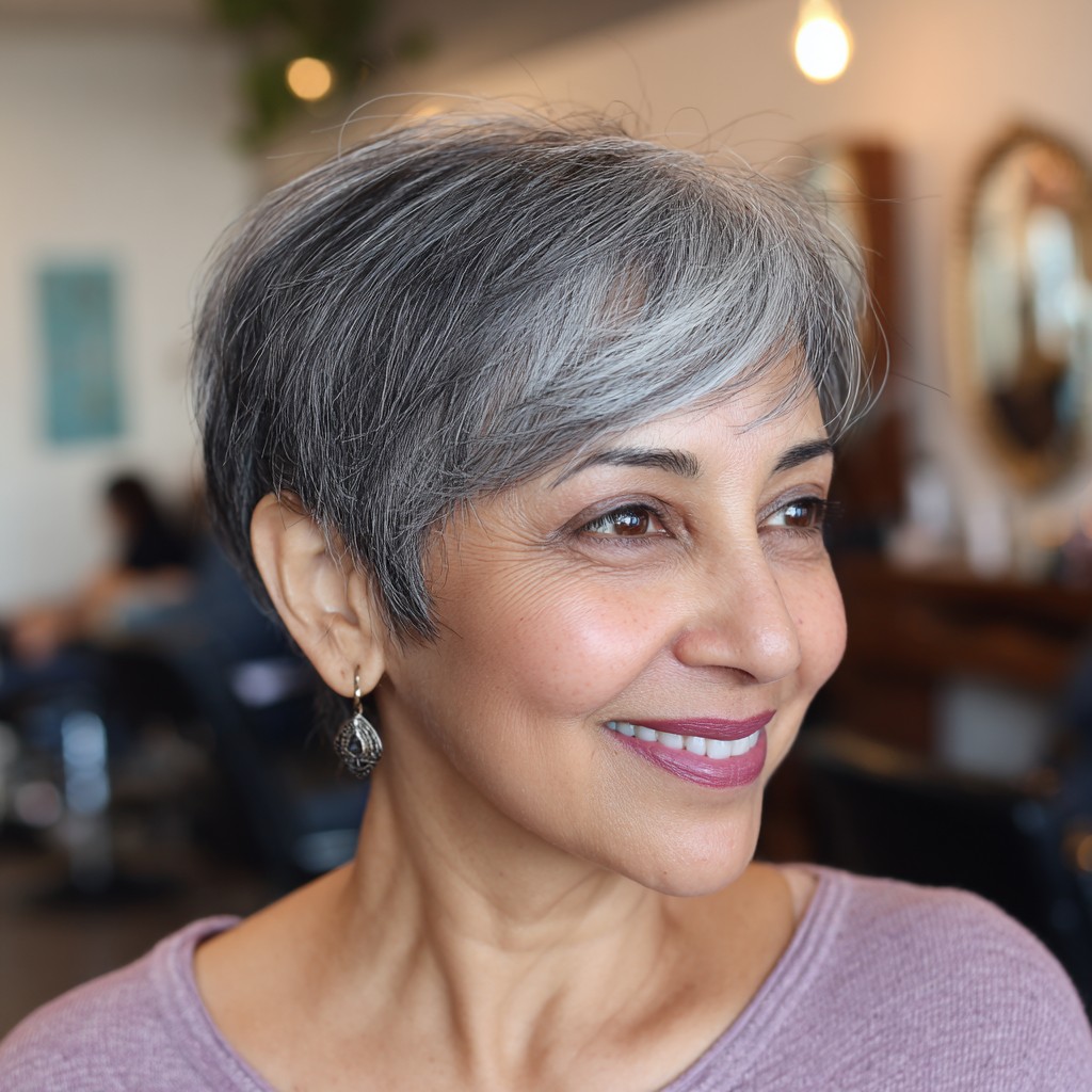 Softly Textured Gray Pixie with Feathered Bangs