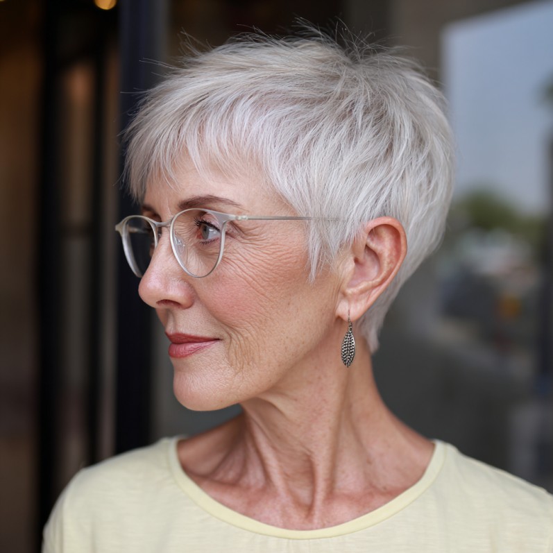 Softly Textured Wispy Pixie Cut with Light Silver Highlights