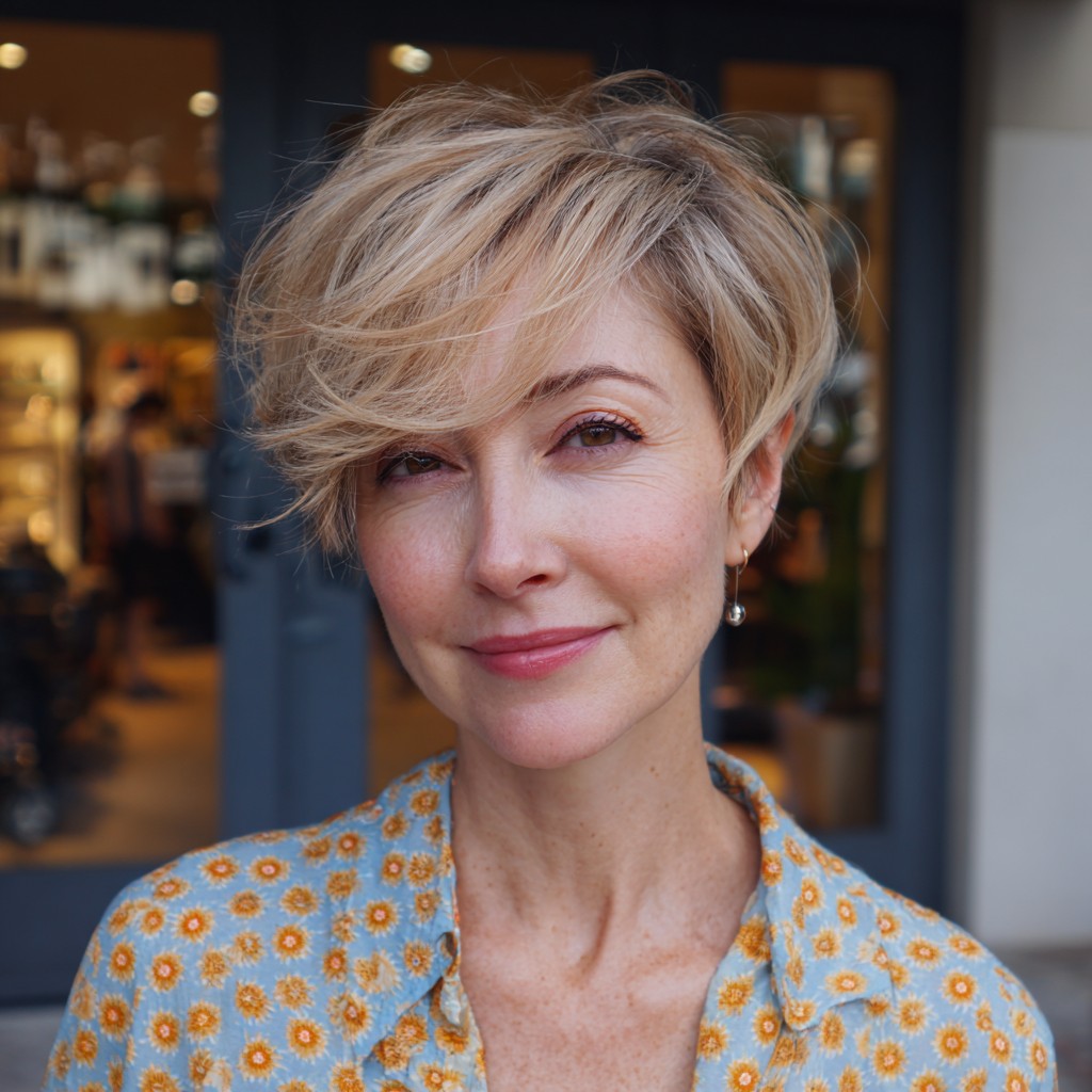 Textured Blonde Pixie with Side-Swept Bangs