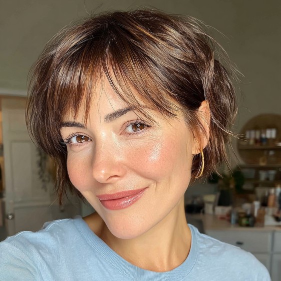 Textured Brown Pixie Bob with Subtle Highlights
