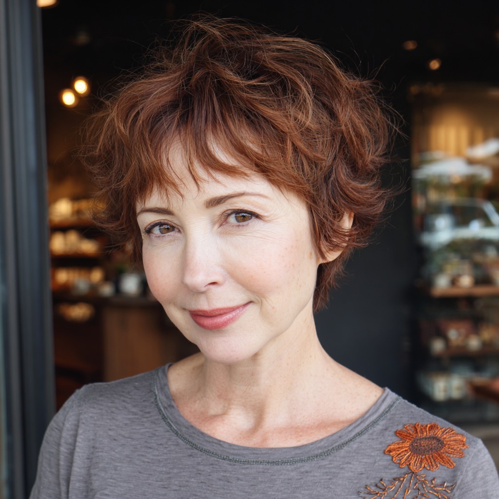 Textured Copper Pixie Cut with Playful Curls