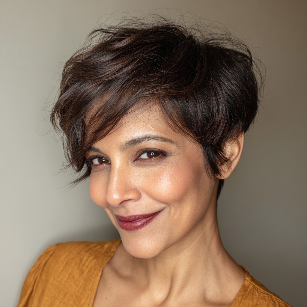 Textured Dark Brown Pixie Cut with Effortless Lift