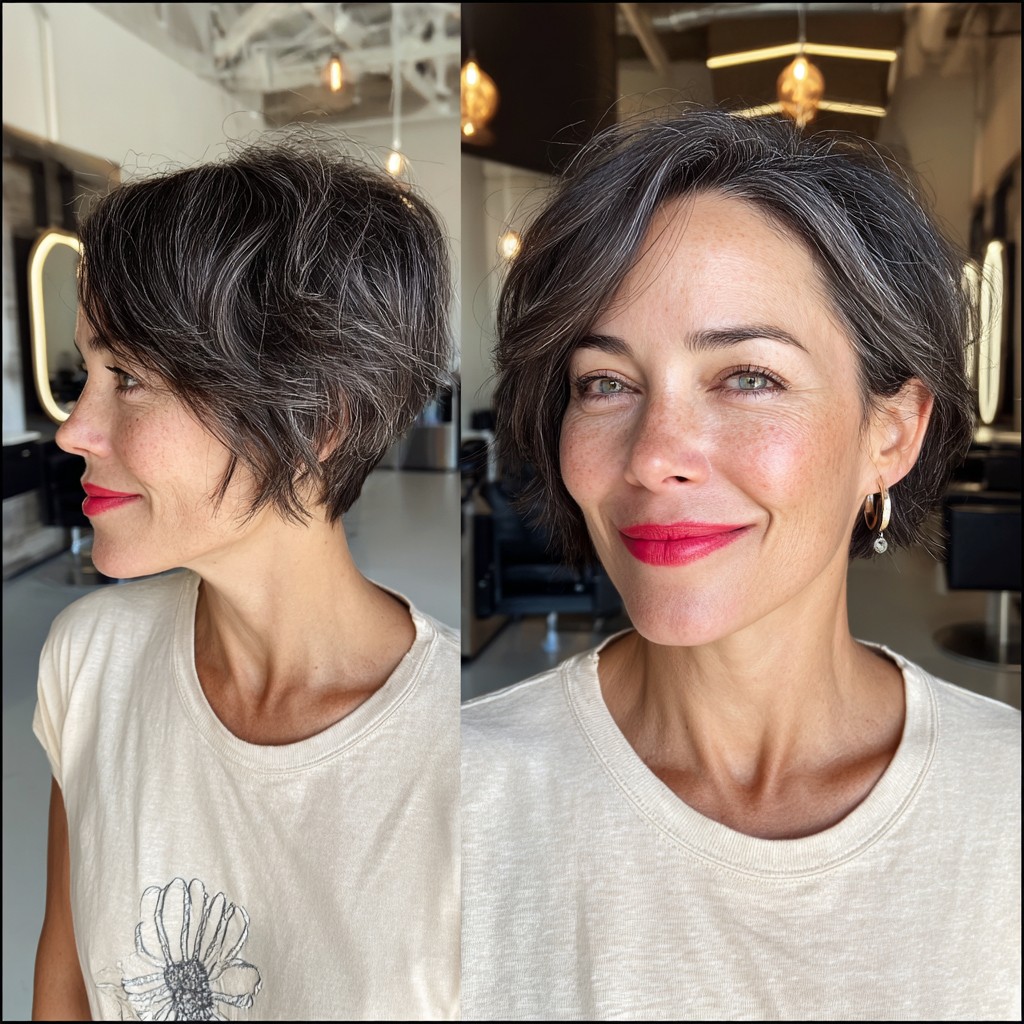 textured gray pixie with soft layers