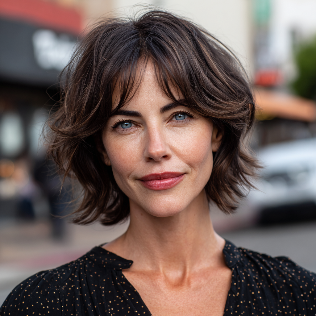 Textured Layered Curtain Bob with Face-Framing Bangs