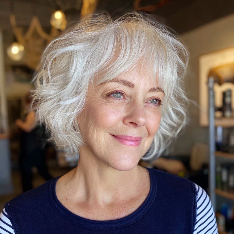 Textured Short White Bob with Soft Waves