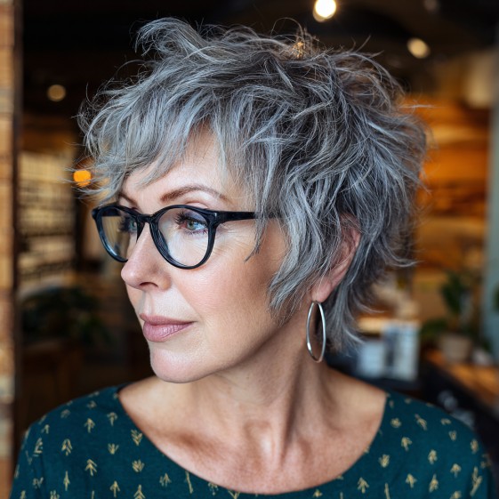 Textured Silver Pixie Cut with Soft Layers
