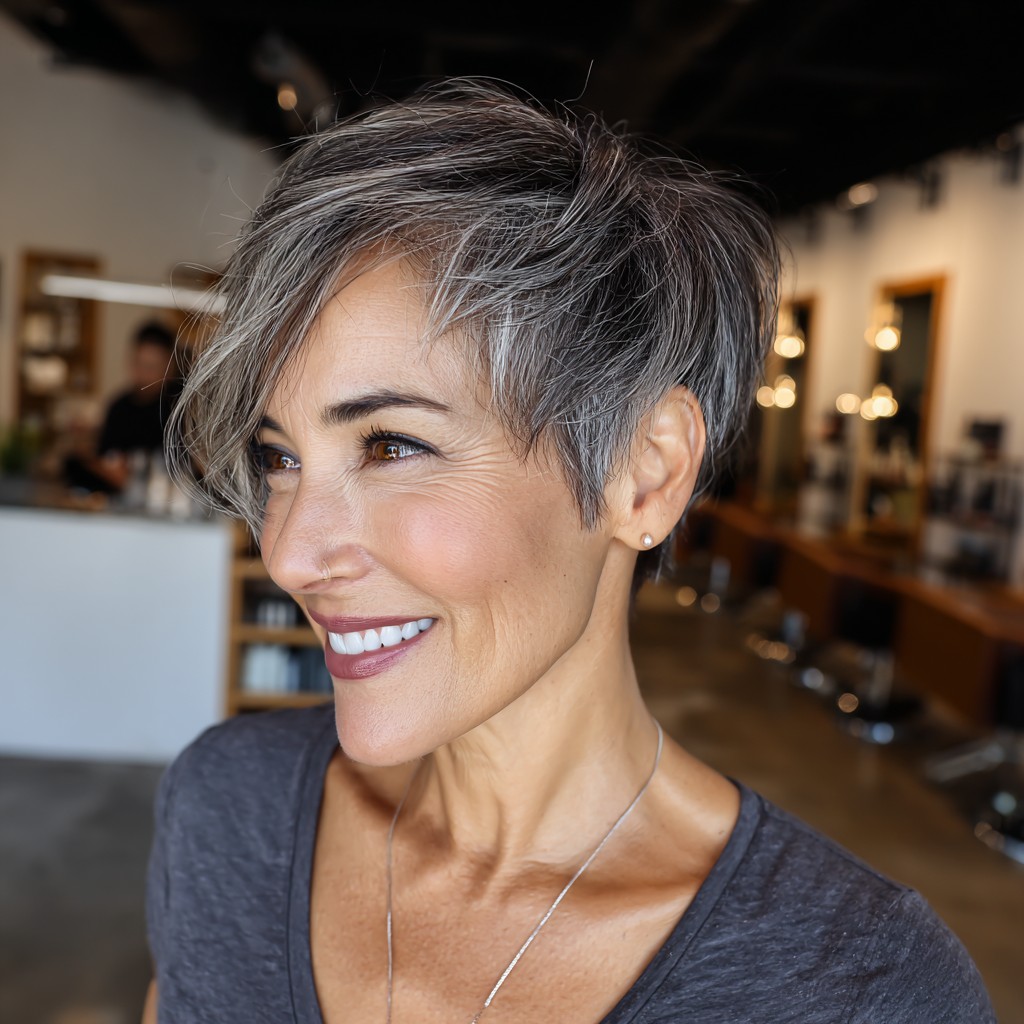 Textured Silver Pixie with Side-Swept Bangs