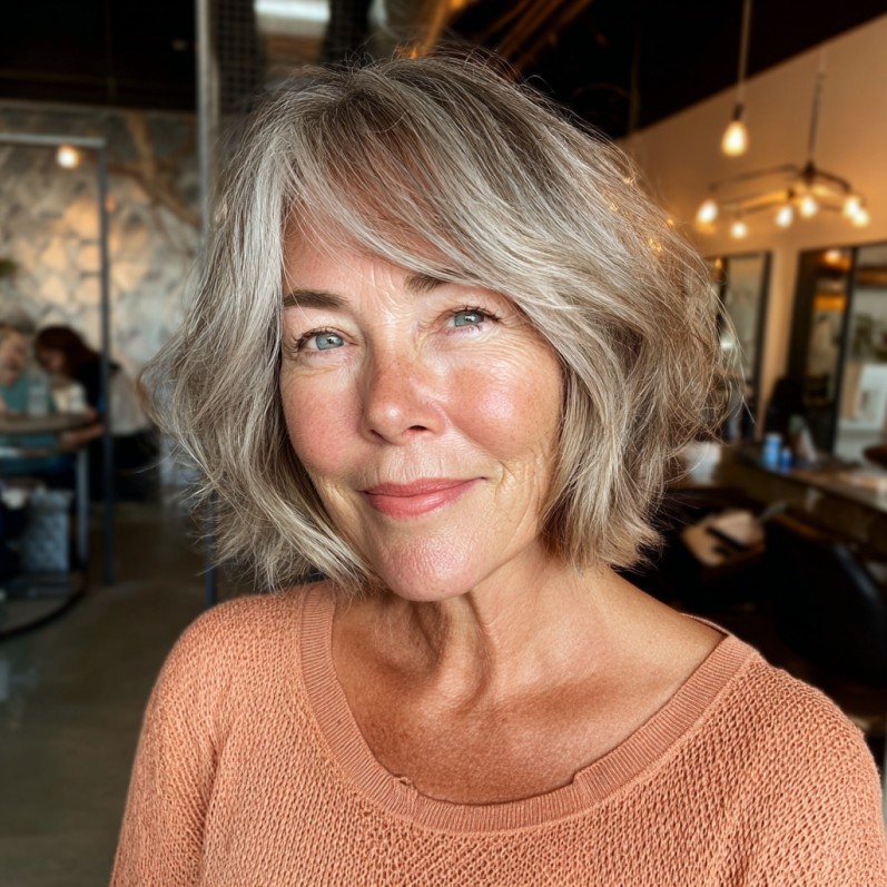 Textured Soft Gray Bob with Gentle Waves