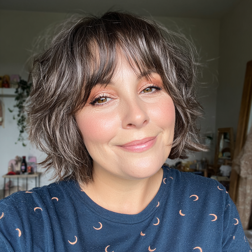 Textured Wavy Curtain Bob with Soft Bangs