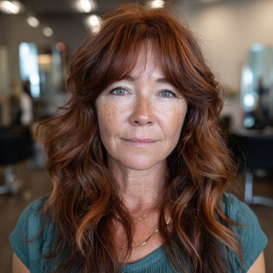 Warm Textured Long Layers with Face-Framing Bangs