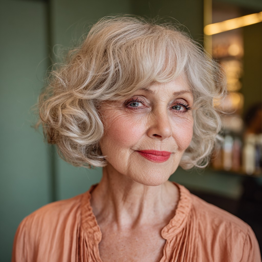 Chic Curly Platinum Bob with Soft Bangs