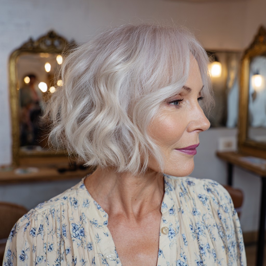 Chic Textured Platinum Bob with Soft Waves