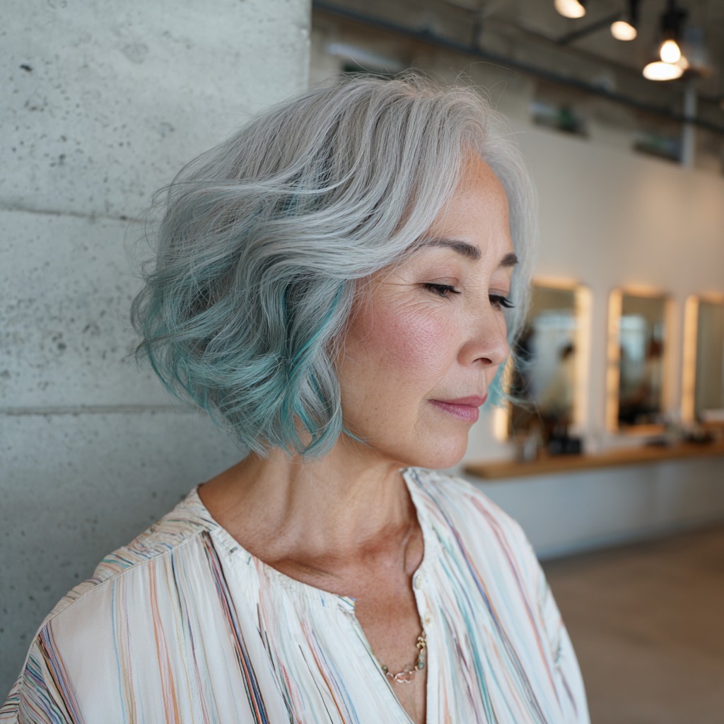 Chic Textured Silver Bob with Teal Highlights
