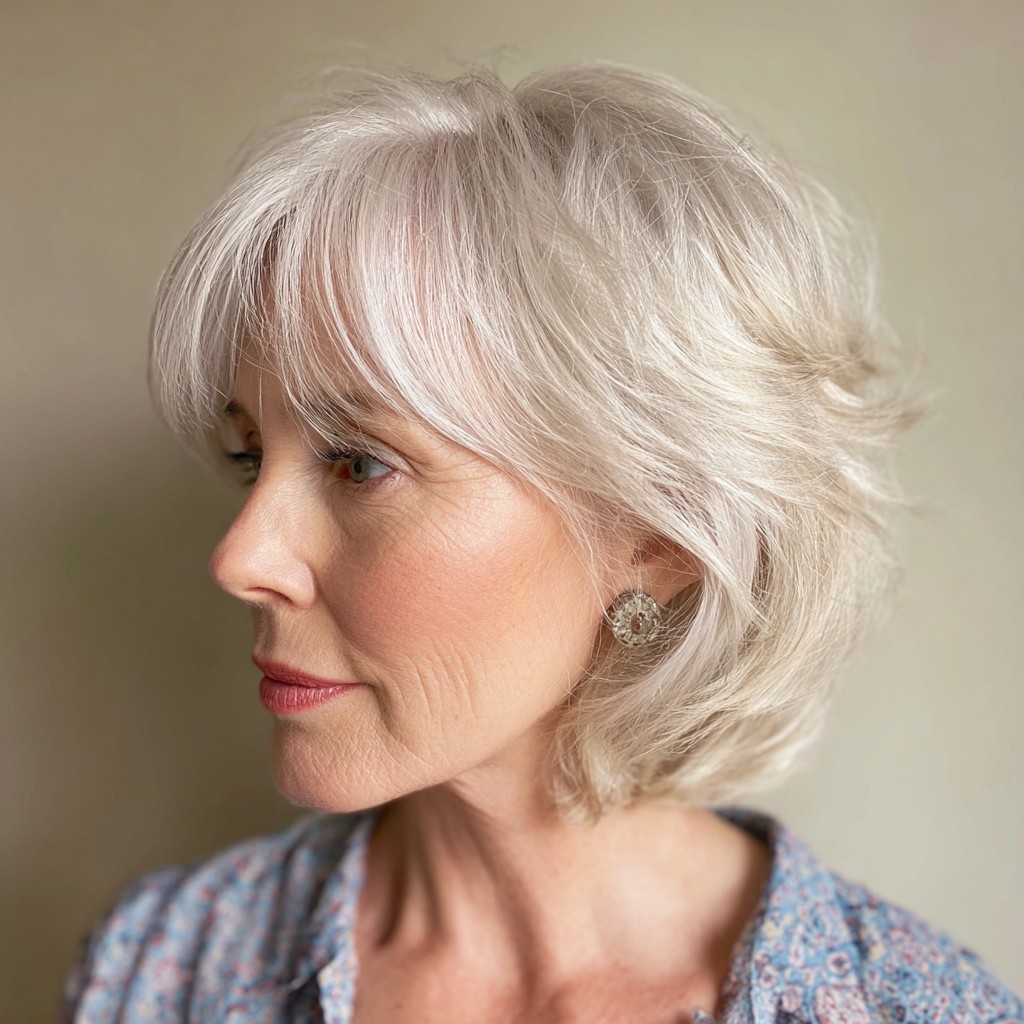 Fluffy Layered Silver Blonde Bob with Wispy Bangs