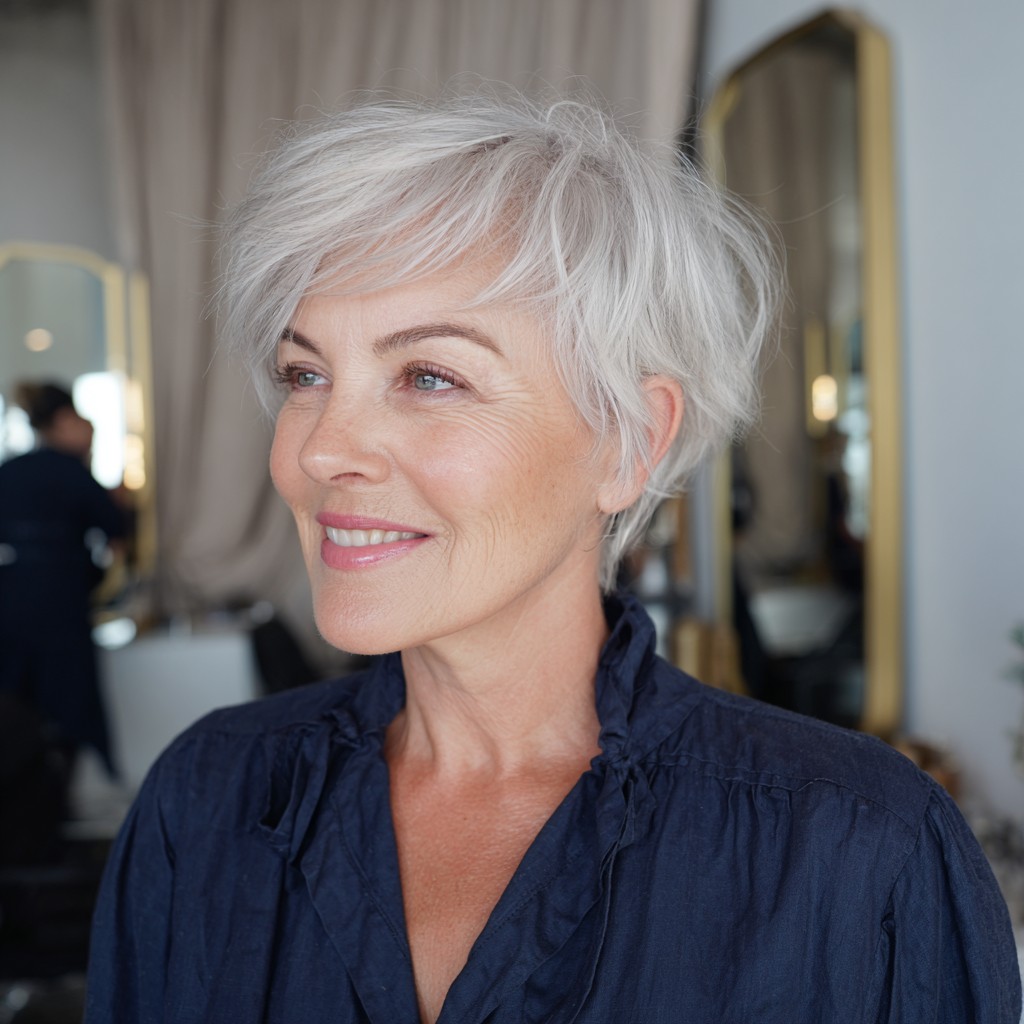 Modern Textured Platinum Pixie with Soft Layers
