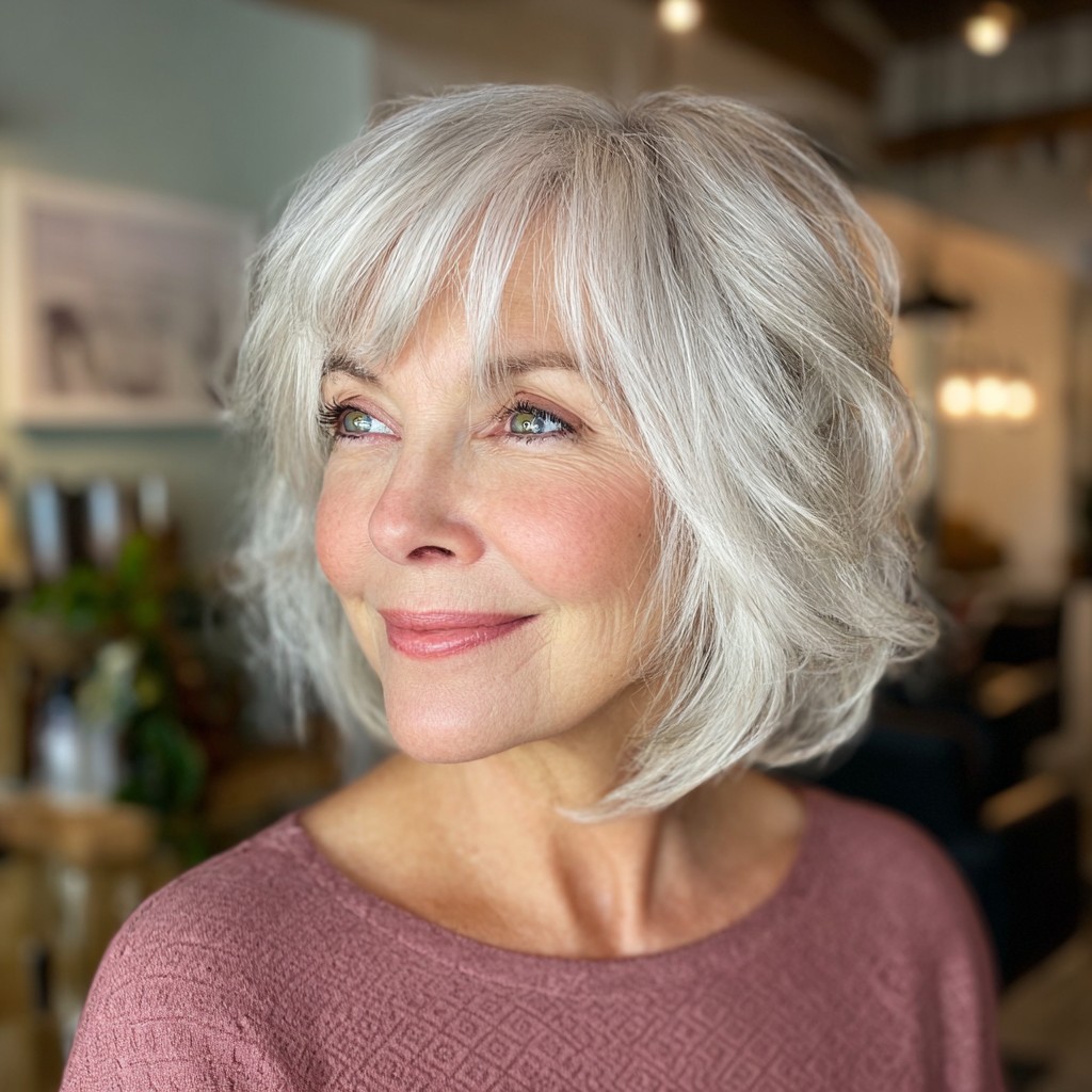 Soft Textured Silver Bob with Subtle Bangs