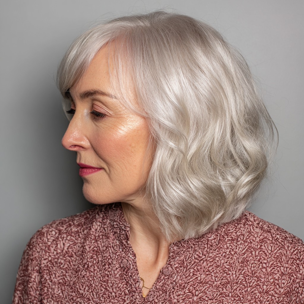 Soft Wavy Platinum Lob with Face-Framing Layers