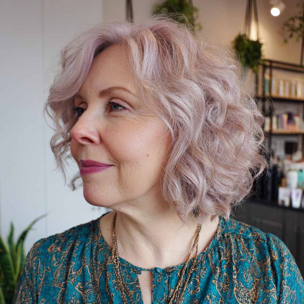 Textured Soft Platinum Curly Bob with Subtle Lavender Tones