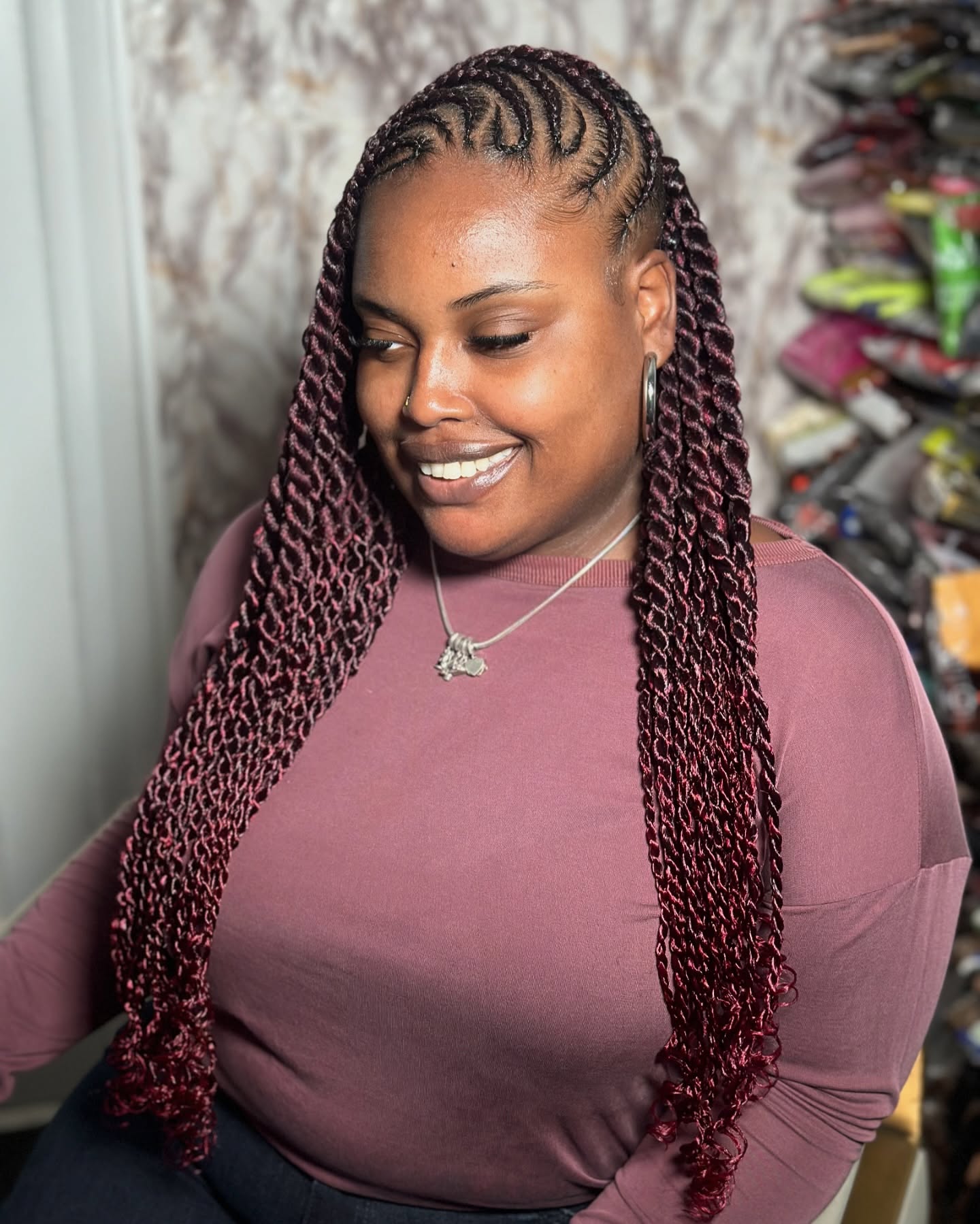 Bold Twisted Braids with Vibrant Burgundy Ombre