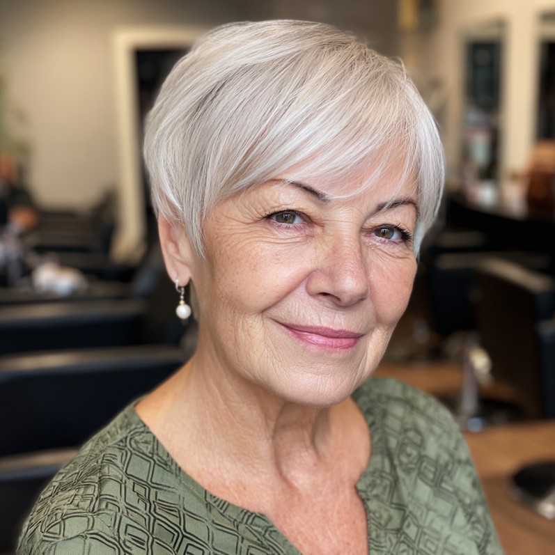 Chic Silver Pixie Cut with Soft Bangs