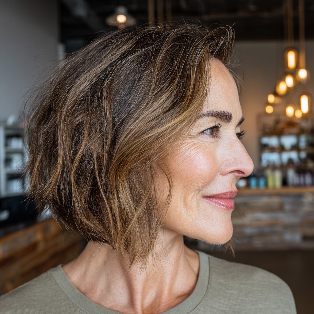Chic Textured Bob with Warm Caramel Highlights