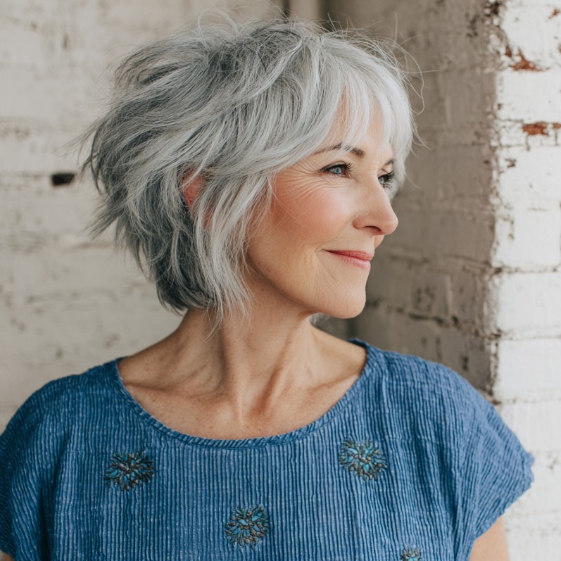 Chic Textured Gray Mixie Shag with Feathered Ends