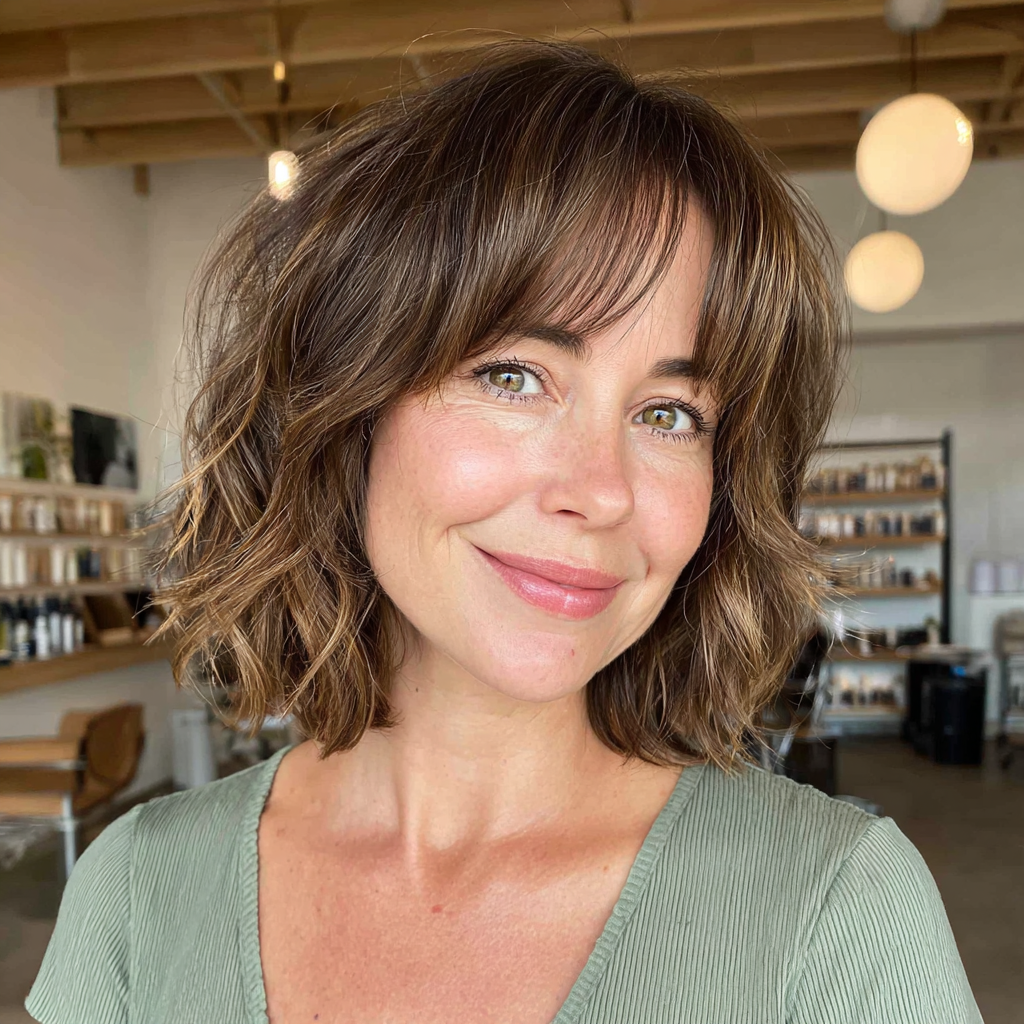 Effortlessly Chic Shoulder-Length Wavy Cut with Soft Bangs