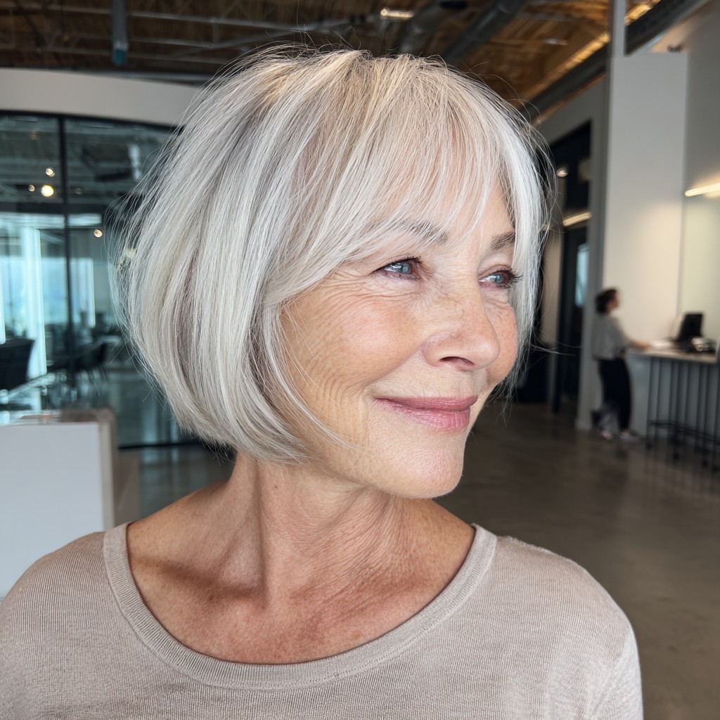Elegant Silvery Bob with Wispy Bangs