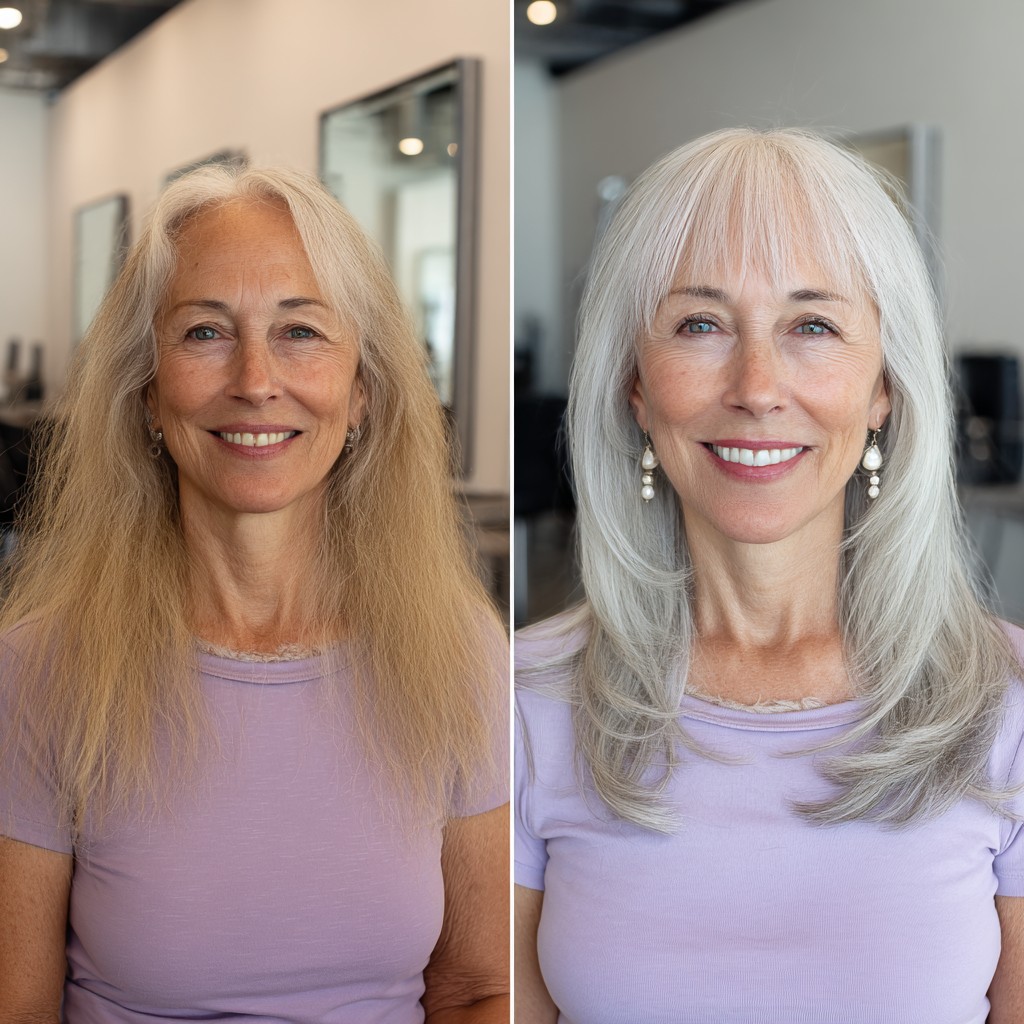 Elegant Silvery Long Layered Cut with Subtle Bangs