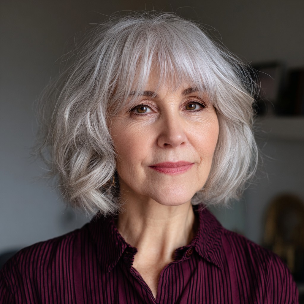 Elegant Soft Silver Waves with Wispy Bangs