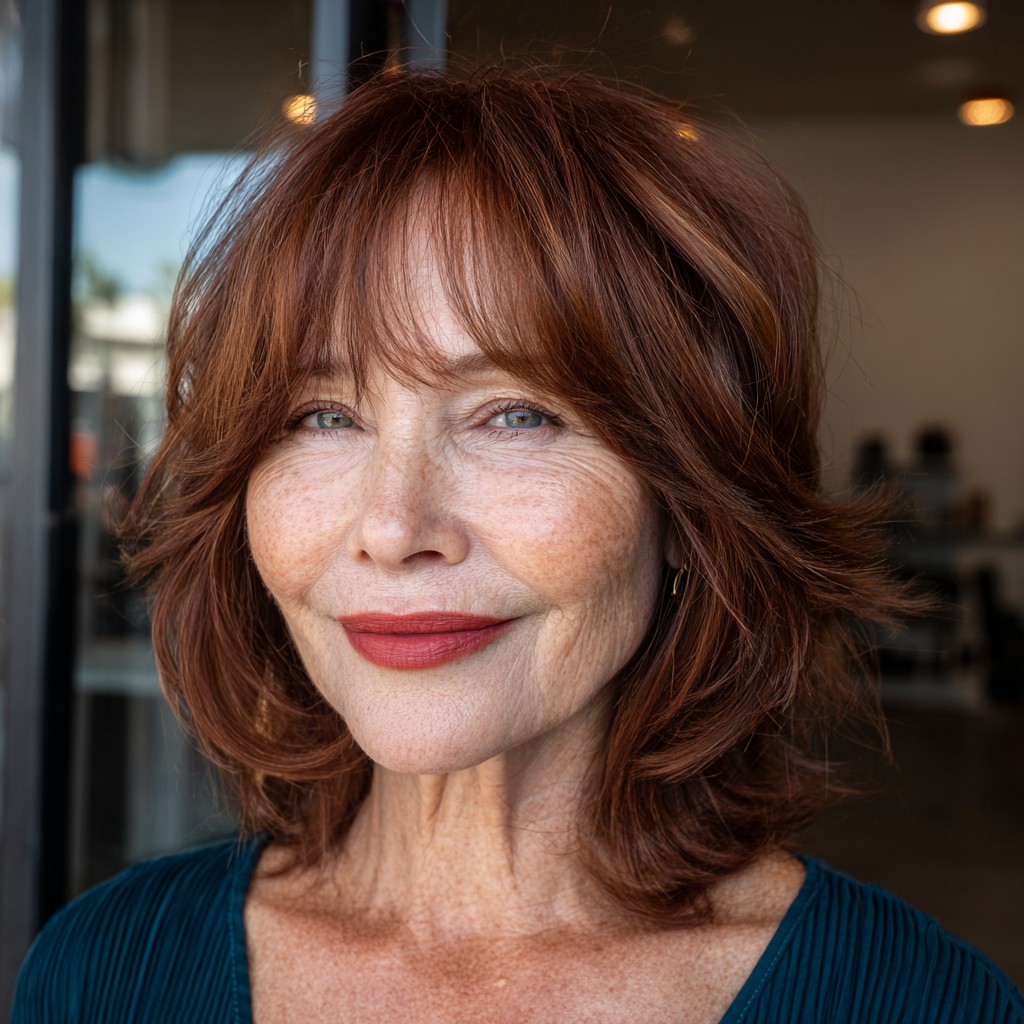 Layered Mahogany Brown Cut with Wispy Bangs