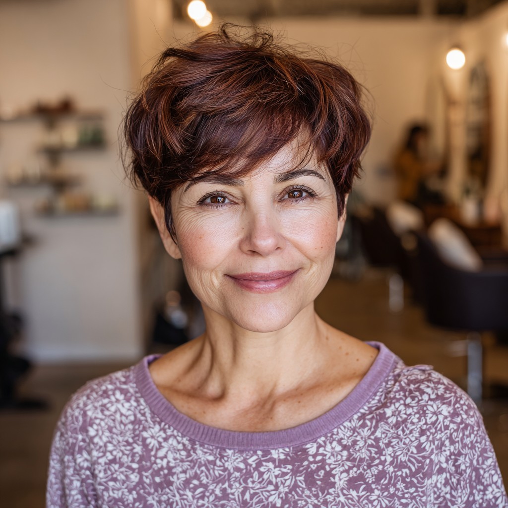 Playful Mahogany Brown Textured Pixie Cut