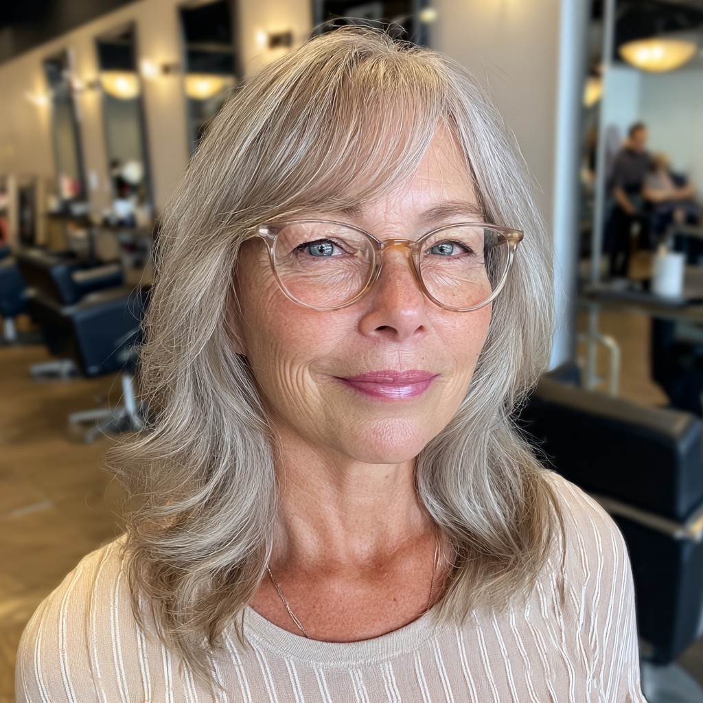 Softly Layered Ash Blonde Cut with Wispy Bangs