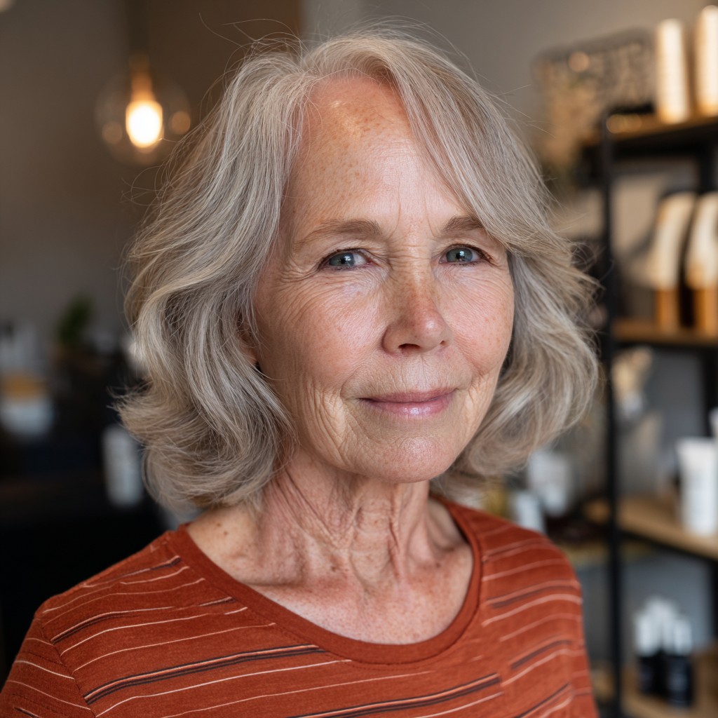Softly Layered Gray Lob with Face-Framing Highlights