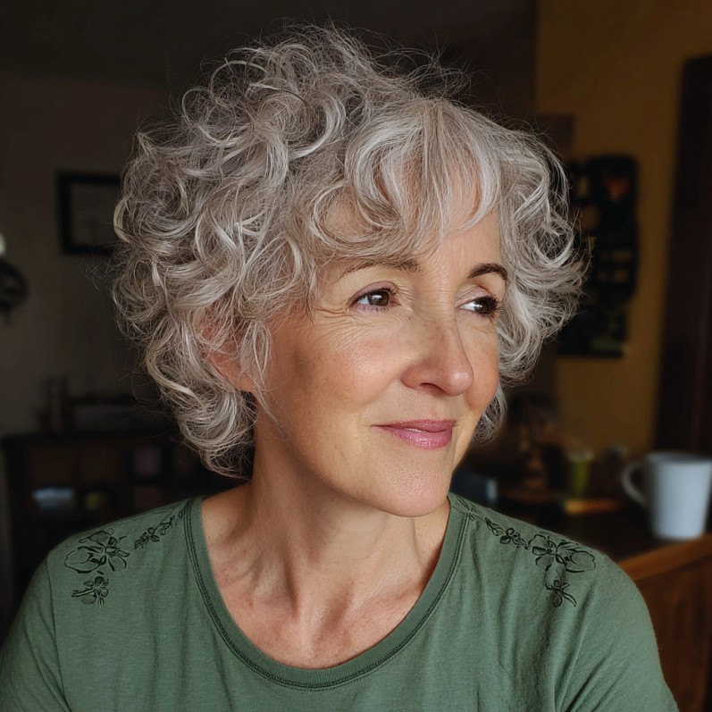 Textured Curly Mixie Shag with Wispy Bangs