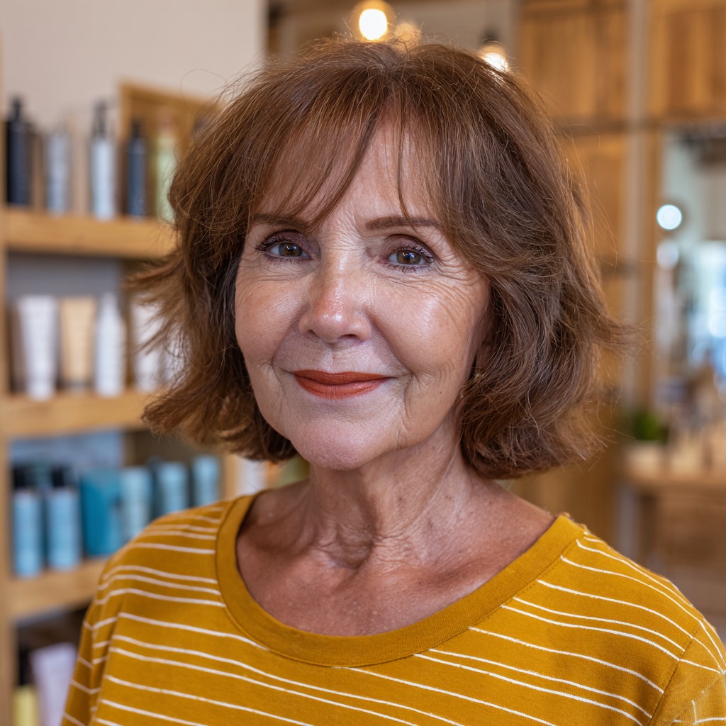 Textured Mahogany Brown Lob with Soft Face-Framing Layers
