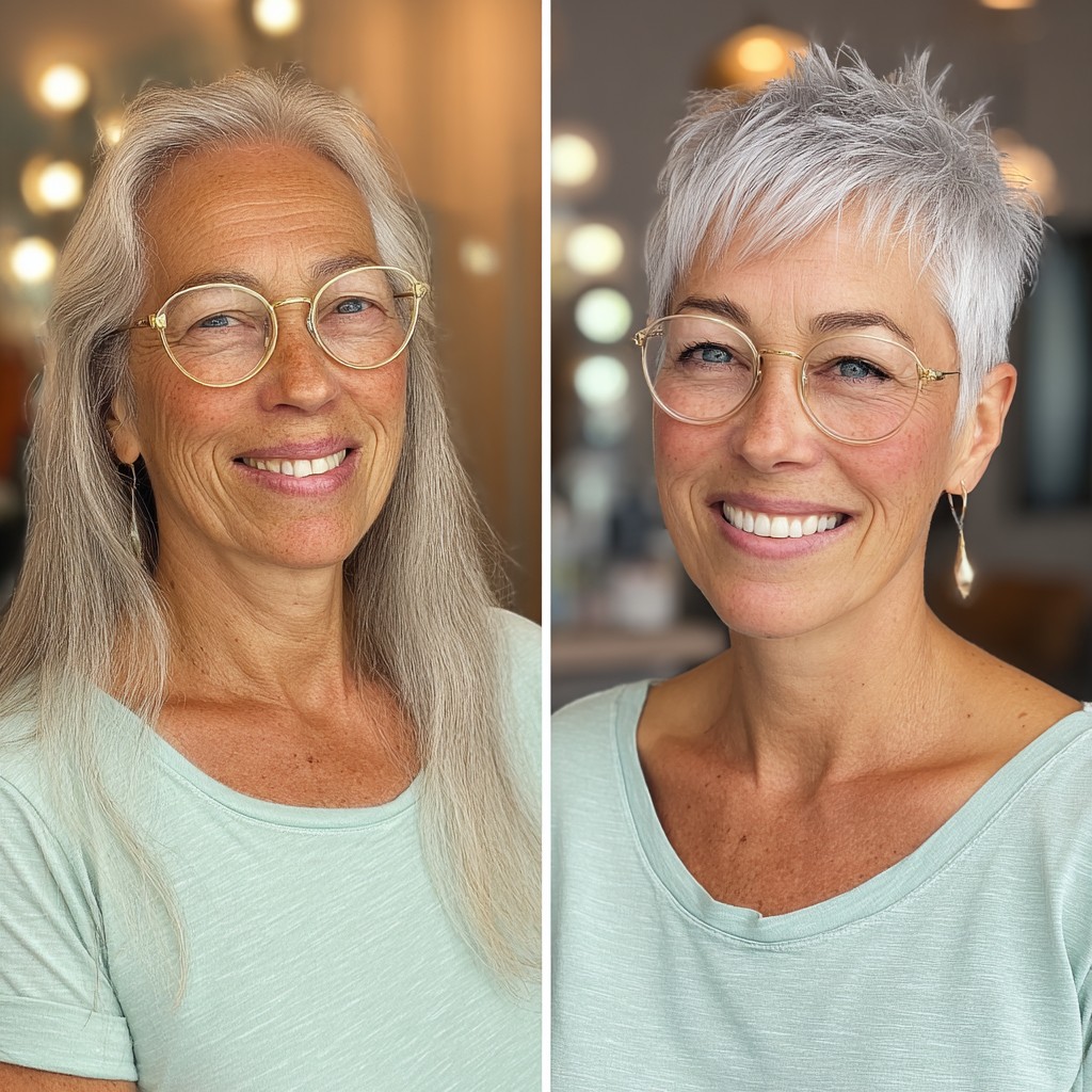 Trendy Short Layered Pixie Cut with Bright Silver Highlights