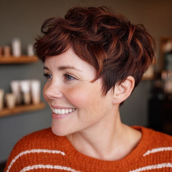 Bold Curly Pixie Cut with Rich Auburn Highlights