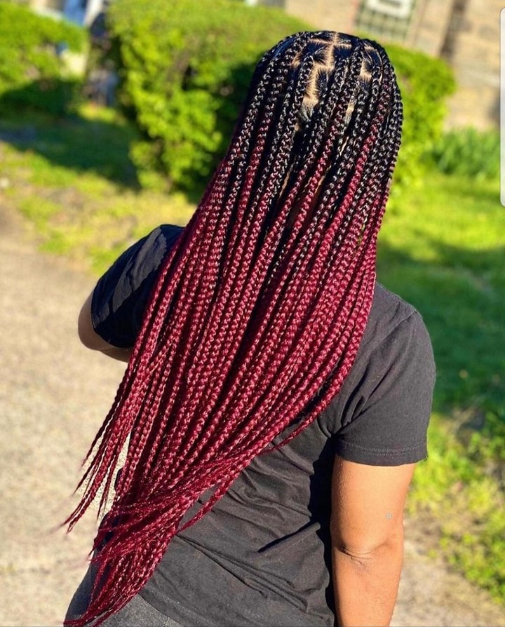 Bold Waist-Length Box Braids with Burgundy Ombré Tips