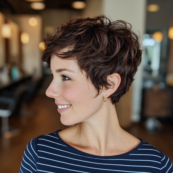Charming Textured Brunette Pixie Cut with Playful Curls