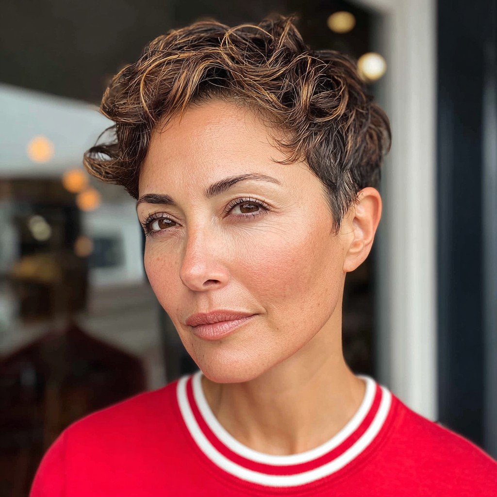 Chic Bronde Curly Pixie Cut with Defined Texture