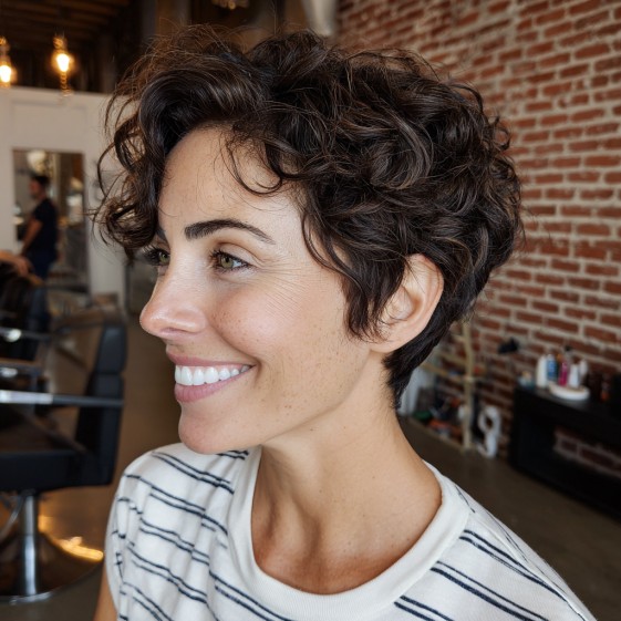 Chic Curly Brunette Pixie with Textured Layers